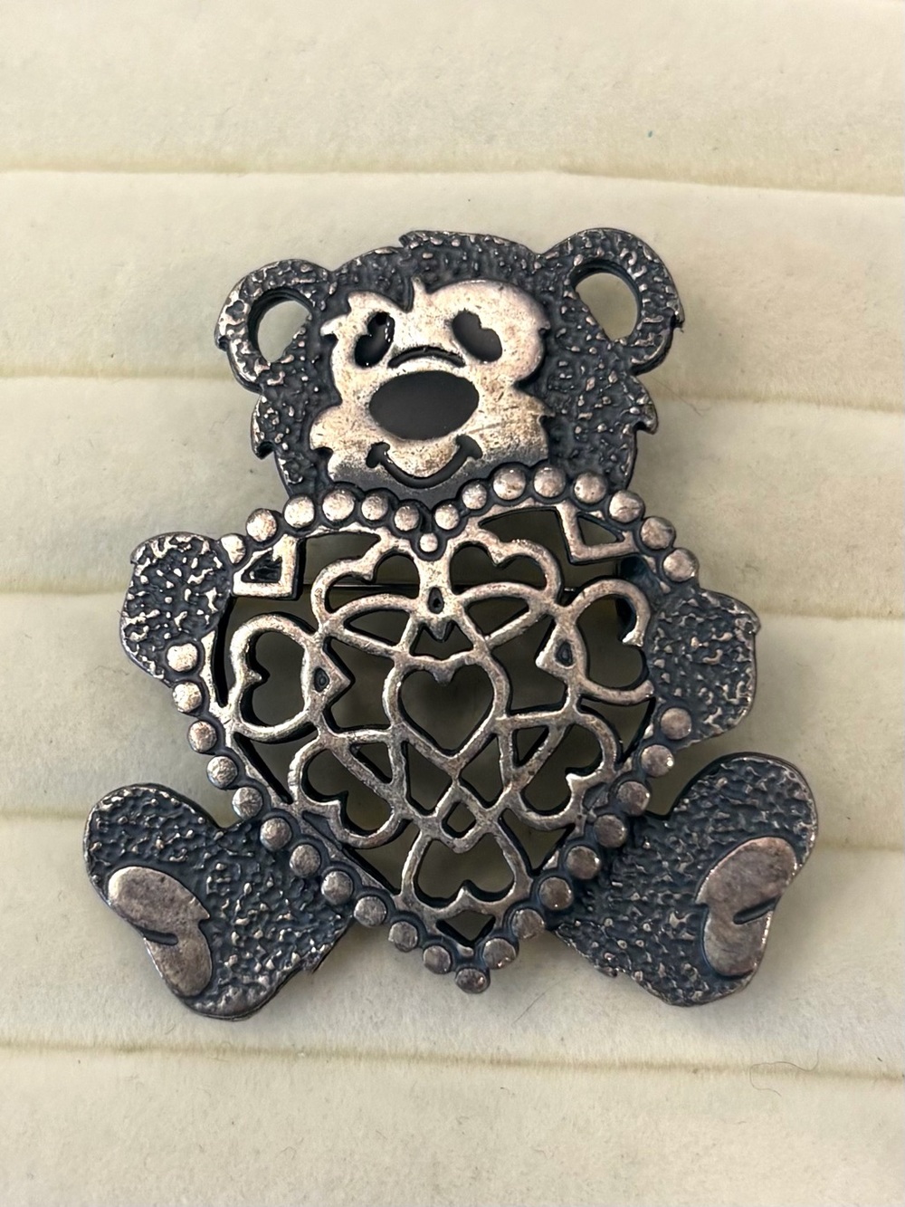 Textured Teddy Bear Brooch Pin Silver Tone Heart‎ Cut Outs Signed Newpro Vintage